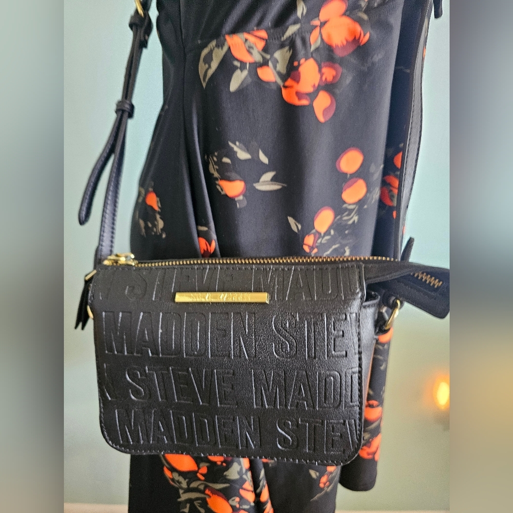 Steve Madden BCUBA Black Logo Embossed Crossbody Bag Gold Tone Hardware